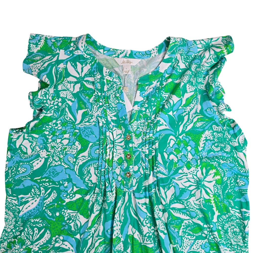 Lilly Pulitzer Golda Top Botanical Green Safari Sangria Cotton Ruffle Blouse L